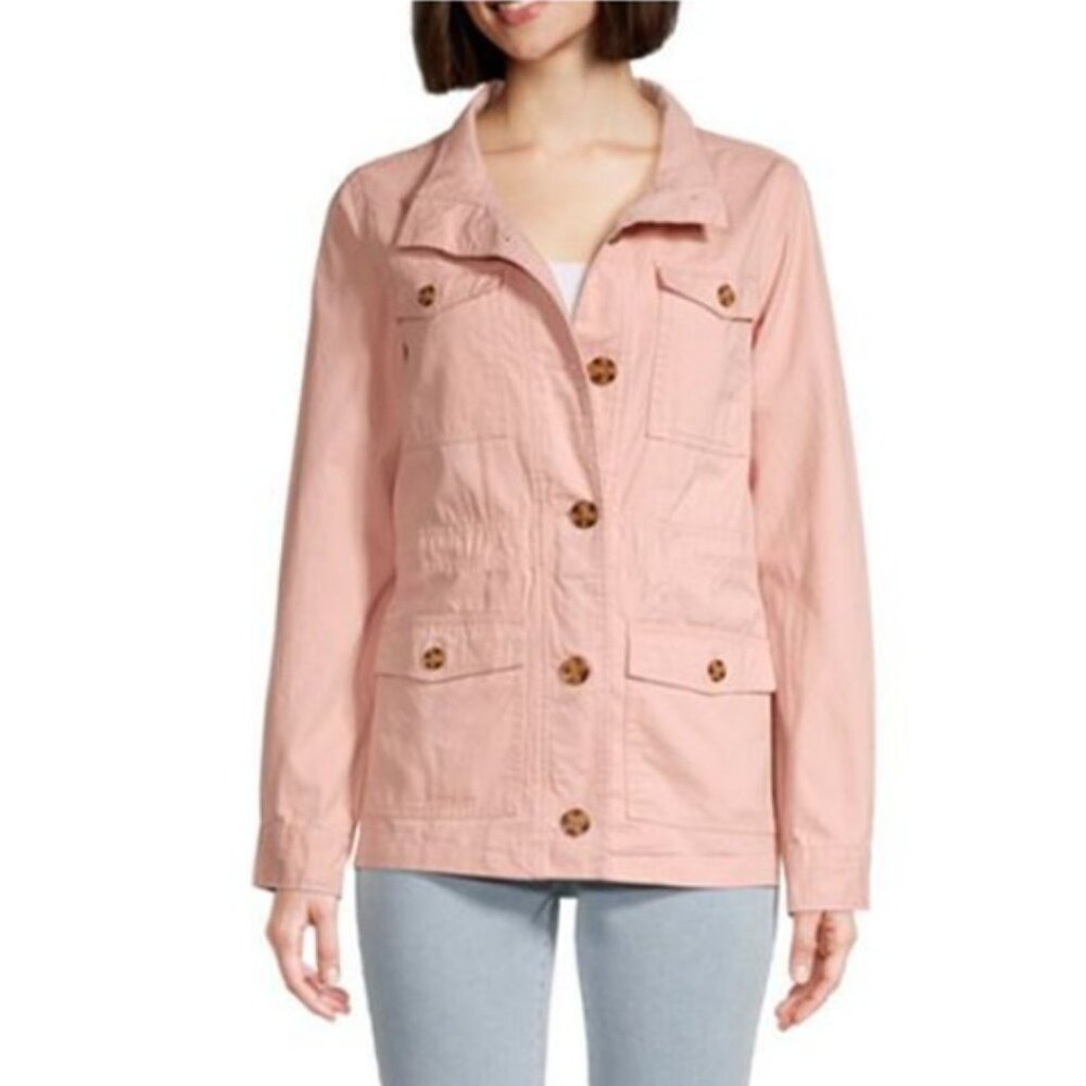 St. John's Bay Pink Lightweight Button Closure 4-Pocket Anorak Jacket Size PM